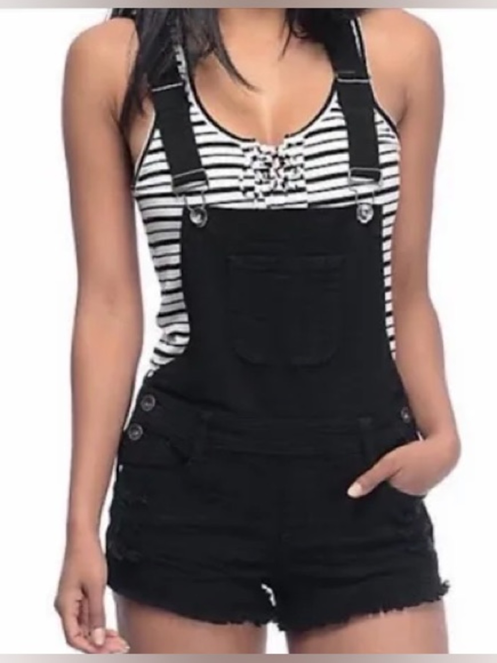 American Eagle Distressed Black‎ Denim Short Overalls Small